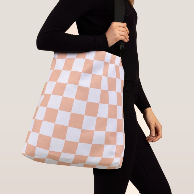 Chequered squares peach white geometric retro crossbody bag (Close Up)