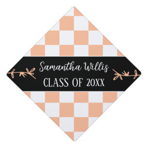Chequered squares peach white retro Custom name Graduation Cap Topper