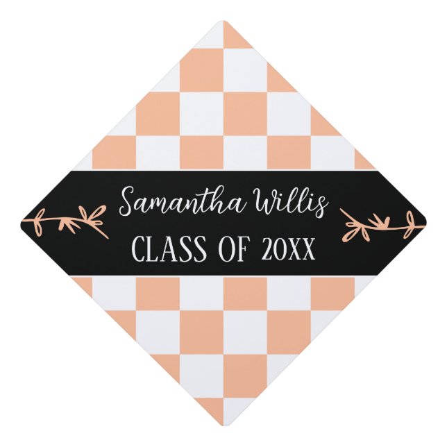 Chequered squares peach white retro Custom name Graduation Cap Topper (Front)