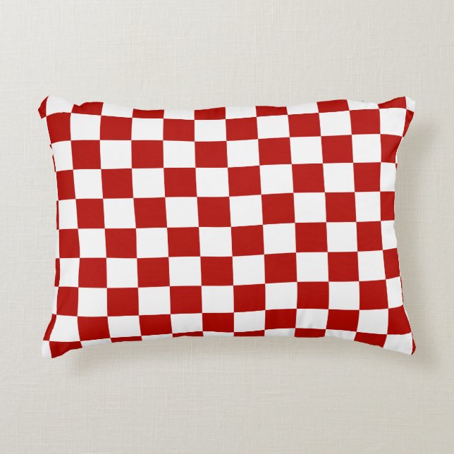 Chequered squares red white geometric retro accent pillow (Front)