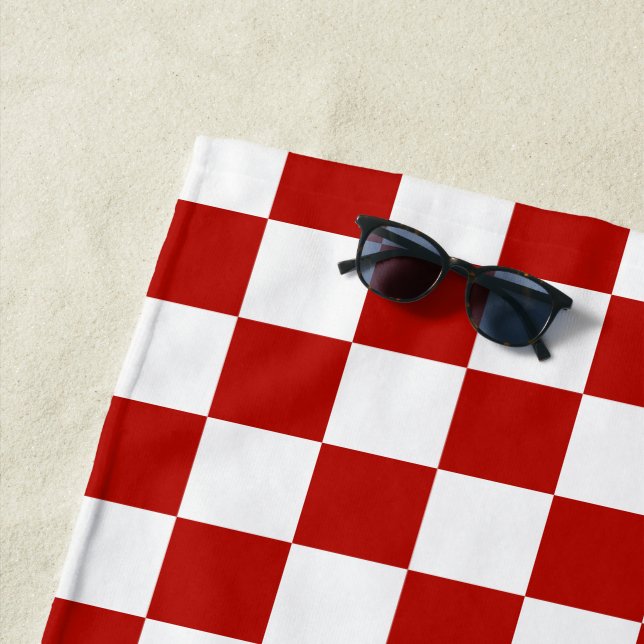 Chequered squares red white geometric retro beach towel (In Situ)