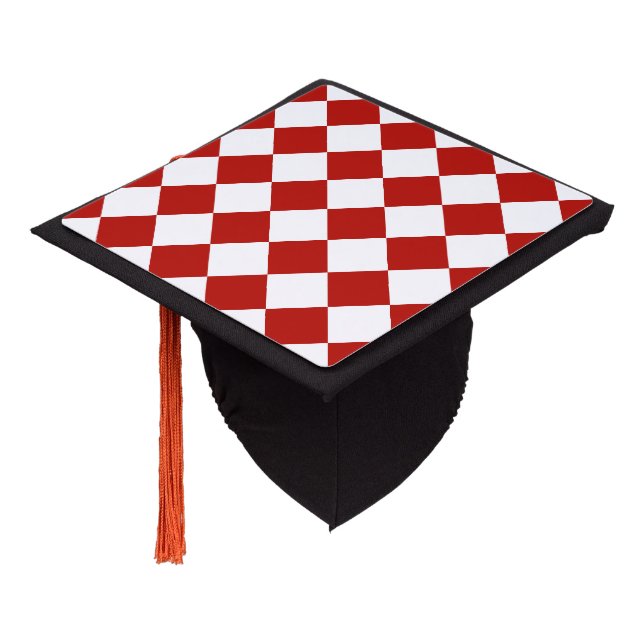 Chequered squares red white geometric retro graduation cap topper (Angled)