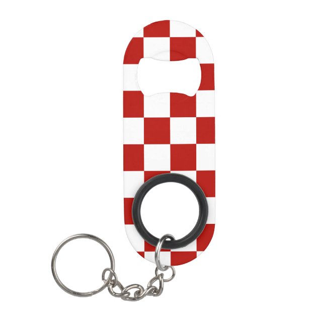 Chequered squares red white geometric retro keychain bottle opener (Front)