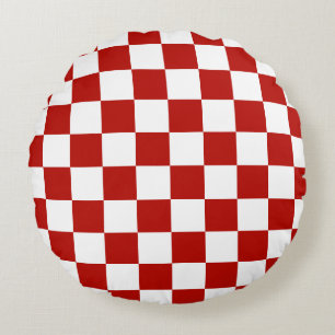 Chequered squares red white geometric retro round pillow