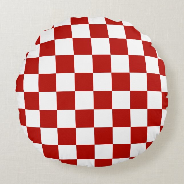 Chequered squares red white geometric retro round pillow (Front)