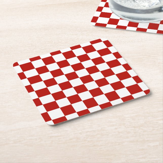 Chequered squares red white geometric retro square paper coaster (Angled)
