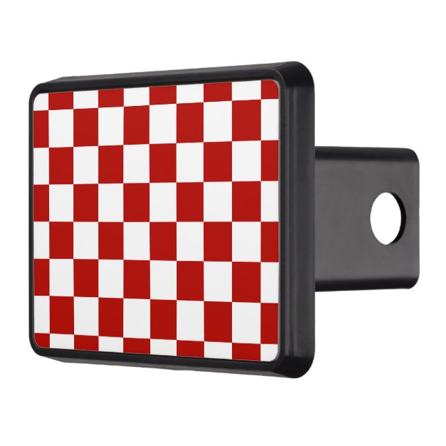 Chequered squares red white geometric retro trailer hitch cover (Left)