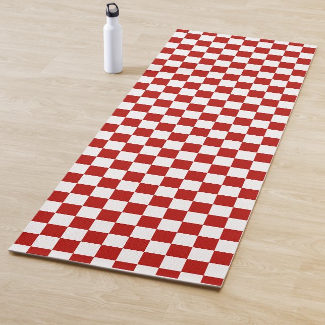Chequered squares red white geometric retro yoga mat (In Situ)