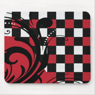 Chequered Swirl Pattern Dark Red, White, Black Mouse Pad