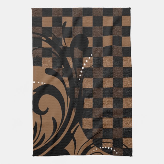 Chequered Swirly Pattern | Brown, Tan, Black Kitchen Towel (Vertical)