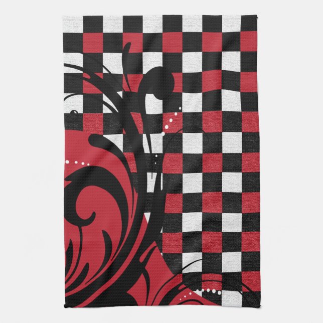 Chequered Swirly Pattern | Dark Red, White, Black Kitchen Towel (Vertical)