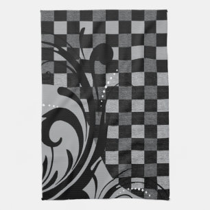 Chequered Swirly Pattern   Grey and Black Kitchen Towel