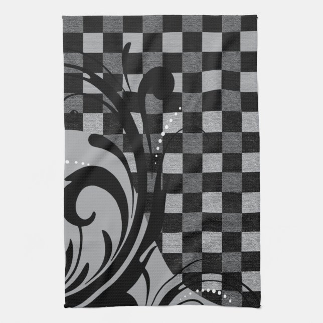 Chequered Swirly Pattern | Grey and Black Kitchen Towel (Vertical)