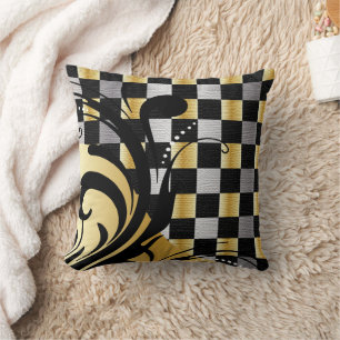Chequered Swirly Pattern   Silver, Gold, Black Throw Pillow