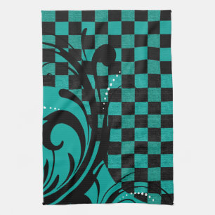 Chequered Swirly Pattern   Teal Blue, Black Kitchen Towel