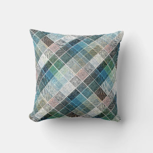 chequered, tartan, plaid, classic, blue, white throw pillow