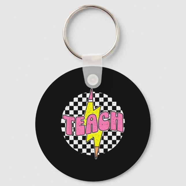Chequered Teach Pencil Lightning Bolt Back To Scho Keychain (Front)