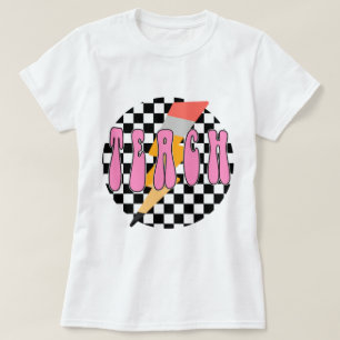 Chequered Teach , Retro Pencil Teacher Shirt,Neon  T-Shirt