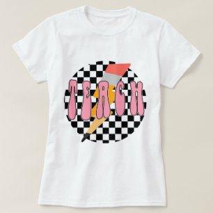 Chequered Teach , Retro Pencil Teacher Shirt,Neon  T-Shirt