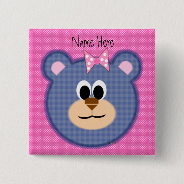Chequered Teddy Bear 2 Inch Square Button (Front)