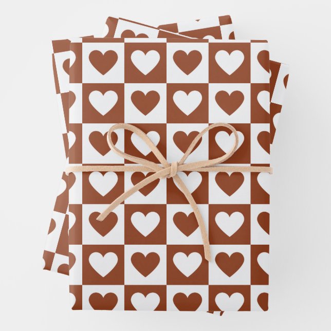 Chequered Terracotta Love Hearts Chequerboard Wrapping Paper Sheet (In situ)