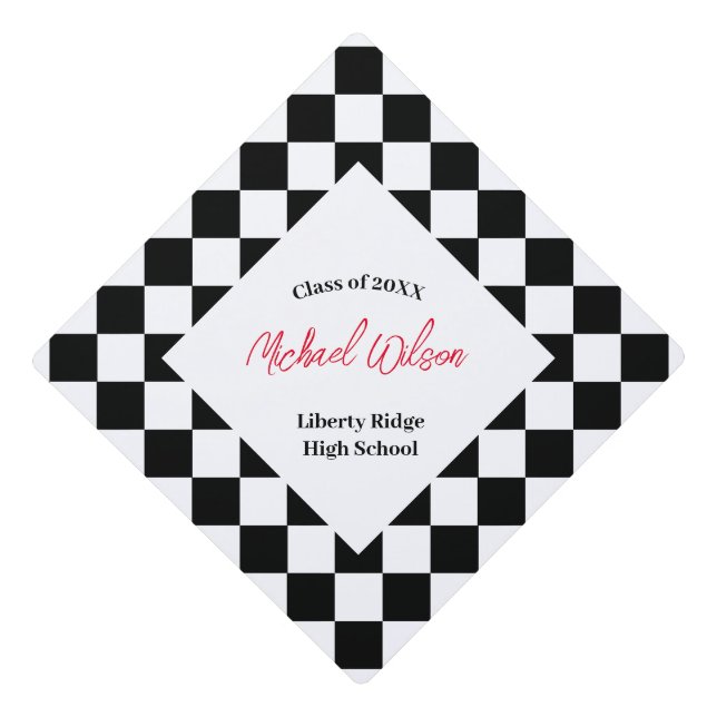 Chequered  trendy retro geometric pattern graduation cap topper (Front)