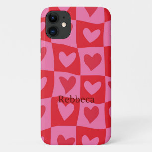 Chequered Warped Pink and Red Hearts Custom Name  iPhone 11 Case