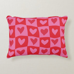 Chequered Warped Pink and Red Hearts Pattern  Accent Pillow