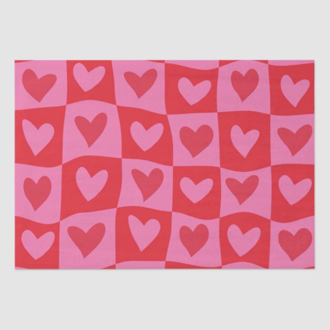 Chequered Warped Pink and Red Hearts Pattern  Tissue Paper (Front)