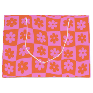 Chequered Warped Retro Pink and Orange Flowers Large Gift Bag