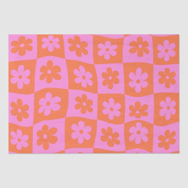 Chequered Warped Retro Pink and Orange Flowers Tissue Paper (Front)