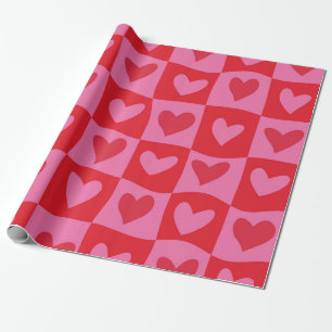 Chequered Warped Trippy Pink and Red Hearts Wrapping Paper