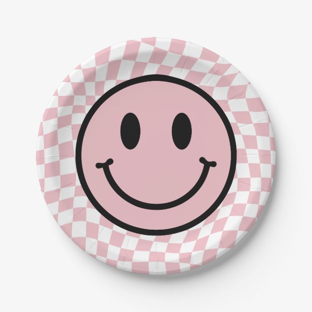 Chequered Wavy Pink Preppy Smile Birthday Paper Plate (Front)