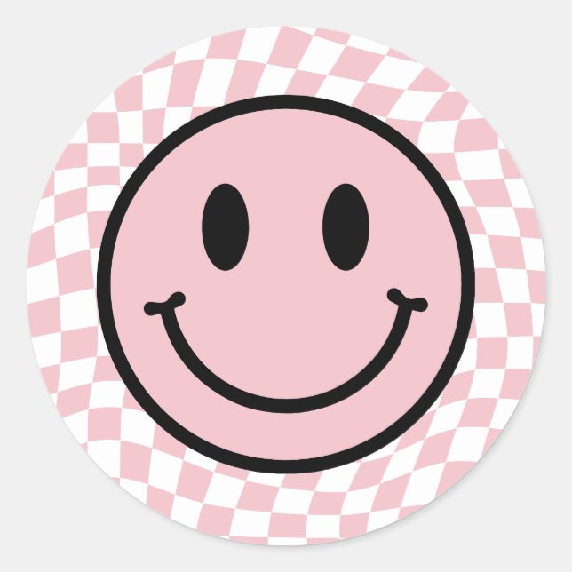 Chequered Wavy Pink Preppy Smile Classic Round Sticker (Front)