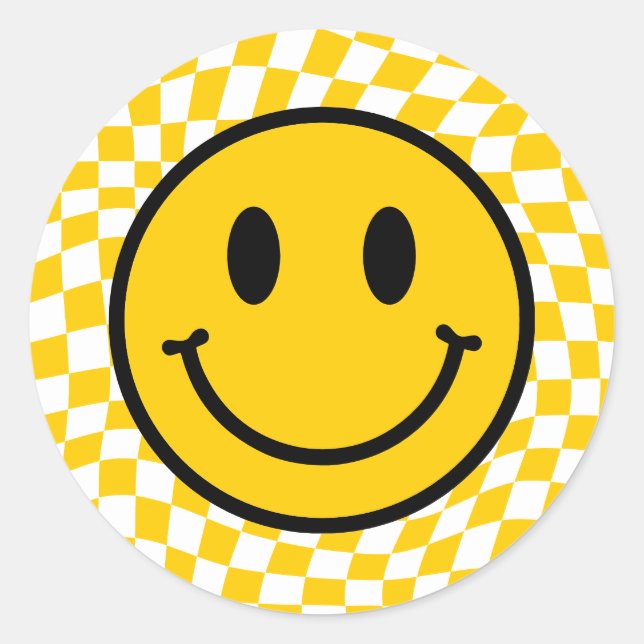 Chequered Wavy Yellow Preppy Smile Classic Round Sticker (Front)