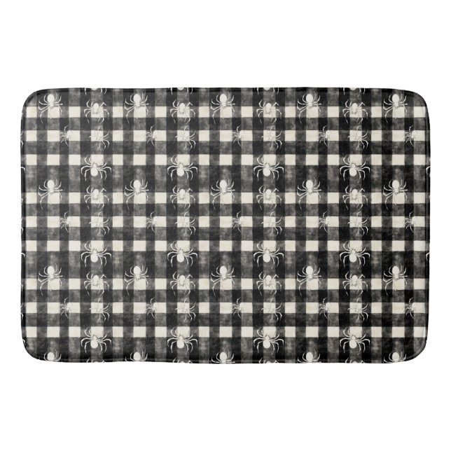 Chequered Web – Spiders in Sync on Monochrome Grid Bath Mat (Front)