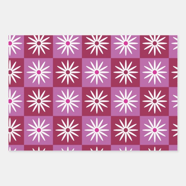Chequered White Daisy on Red and Pink Chequerboard Wrapping Paper Sheet (Front)