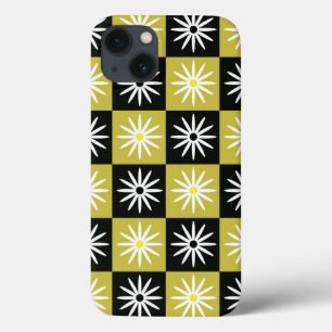 Chequered White  Flowers on Black Yellow squares  iPhone 13 Case