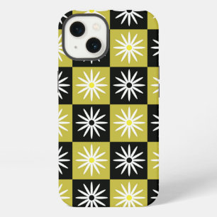 Chequered White  Flowers on Black Yellow squares  iPhone 13 Case
