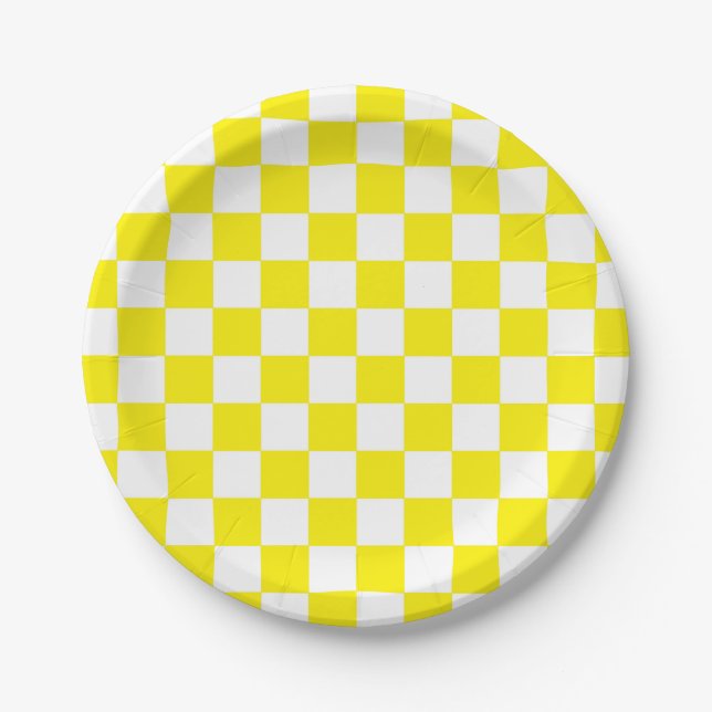 Chequered Yellow and White Paper Plate (Front)