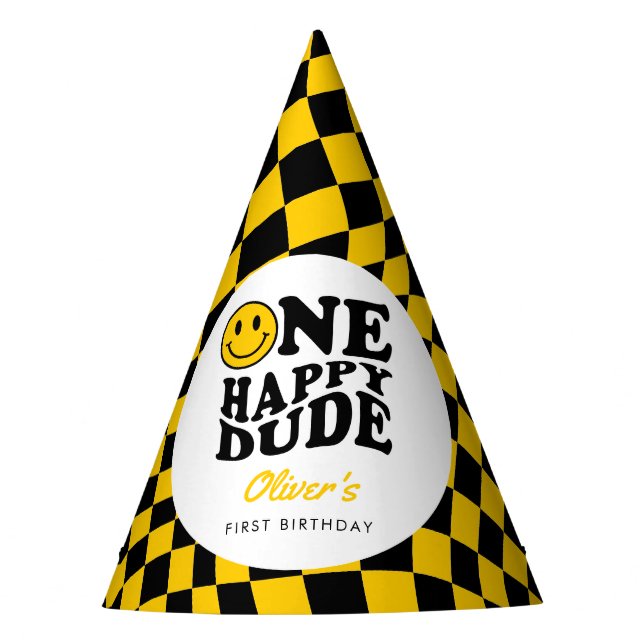 Chequered Yellow Happy Smile 1st Birthday Custom Party Hat (Front)