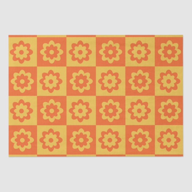 Chequered Yellow Orange Retro Flowers  Tissue Paper (Front)