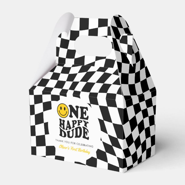 Chequered Yellow Preppy Smile Custom 1st Birthday Favor Box (Front Side)