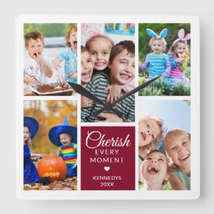 Cherish Every Moment Burgundy 5 Photo Collage Square Wall Clock