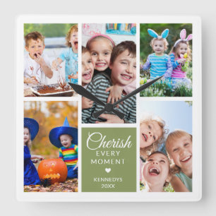 Cherish Every Moment Olive Green 5 Photo Collage   Square Wall Clock