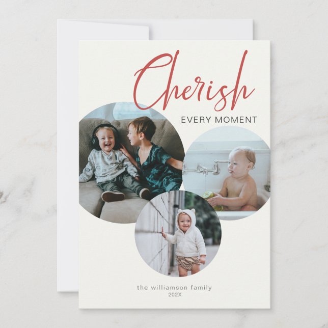 Cherish Every Moment Photo Red Ivory Holiday Card (Front)