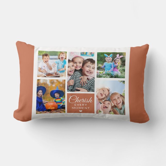 Cherish Every Moment Terracotta 5 Photo Collage   Lumbar Pillow (Front)