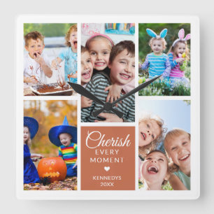 Cherish Every Moment Terracotta 5 Photo Collage Square Wall Clock