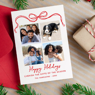 Cherish The Gifts, Bow, 4 Photo Collage Happy Holiday Card