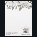 Cherish Vintage White Floral Custom Camera logo Letterhead<br><div class="desc">Vintage Cherish White Floral & Rose Gold Painted Roses and Flowers. A Vintage Classic and Elegant Look, and Plenty of Grey, Ivory White, Rose Gold, Dusty Pink, Pine Green, and Grey leaves and foliage. With Hand Painted Floral elements, Vintage Classic Script Fonts and Stylish Rose Gold Glitter Foil Frame &...</div>